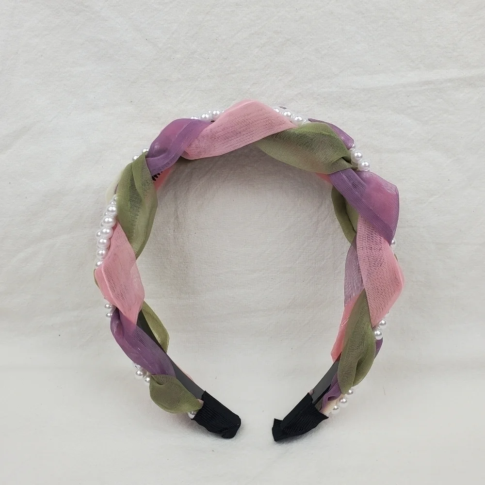 Faux pearl wide braided color block headband hair accessories